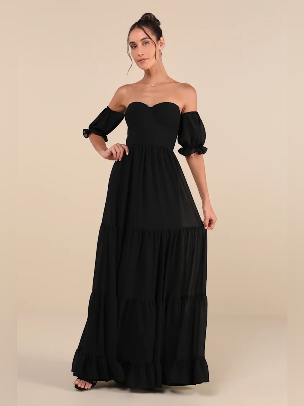Lulus Exceptionally Gorgeous Black Chiffon Off-the-Shoulder Maxi Dress XXS NWT
